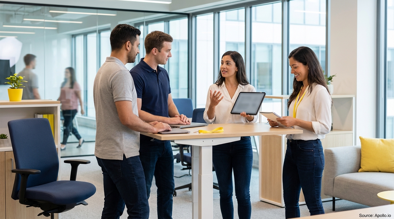 Four colleagues having a standing meeting in a modern office.