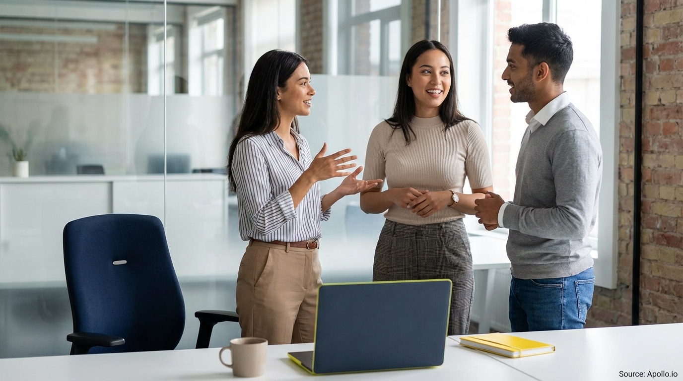 Three diverse professionals discussing at a modern office desk with a laptop.