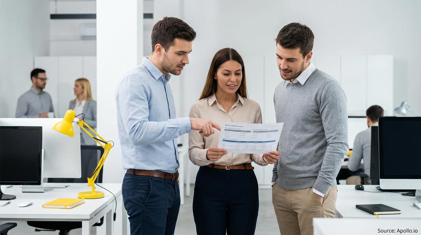 Three professionals in an office examine a document, one pointing to it.