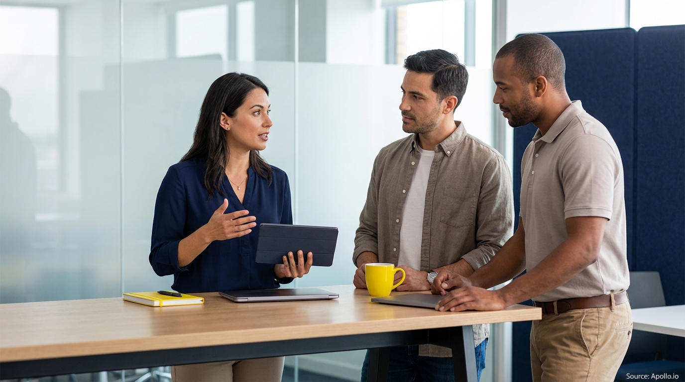 A woman discusses with two men, holding a tablet at a bright office table.