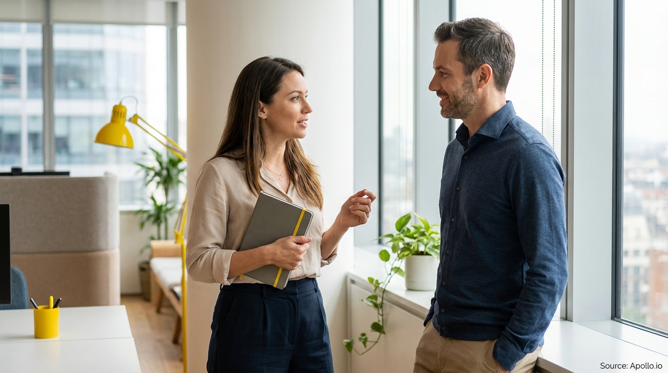 Two professionals conversing in a well-lit contemporary office.