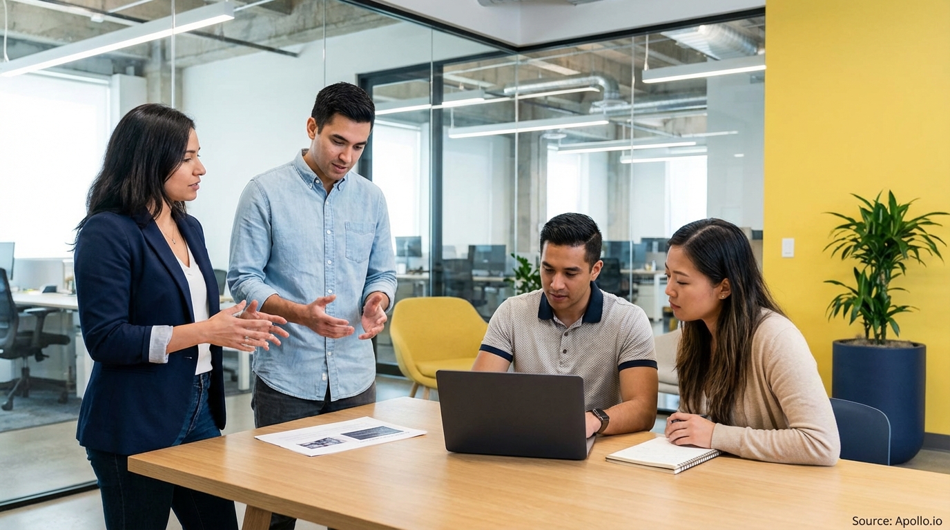 Four professionals talk and work on a laptop at a table in a bright office.