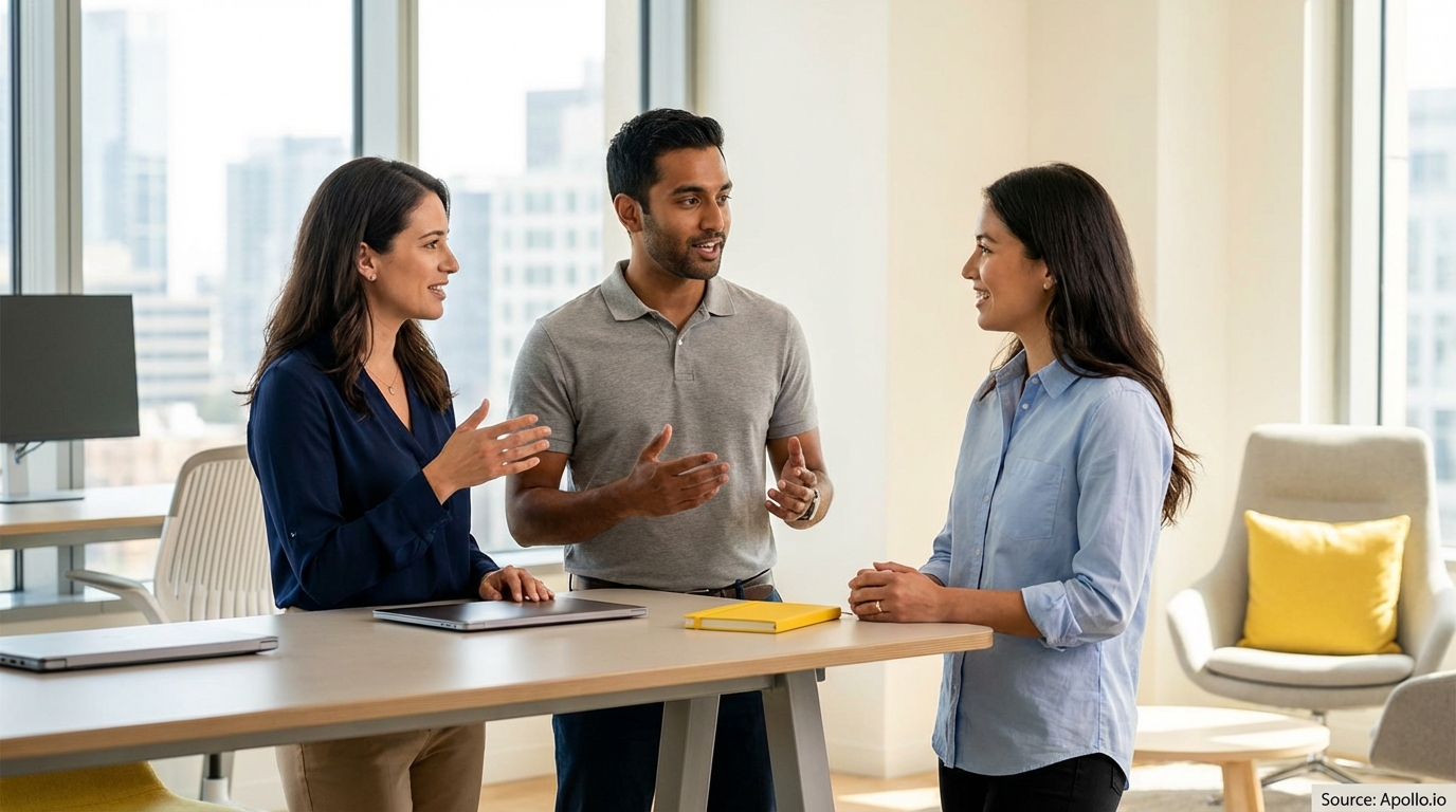 Three professionals discuss ideas around a standing office table.