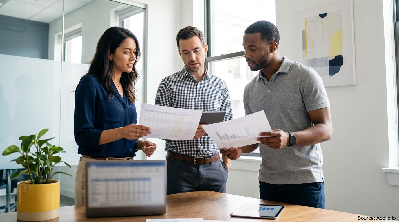 Three professionals discuss charts and a tablet at a modern office table.