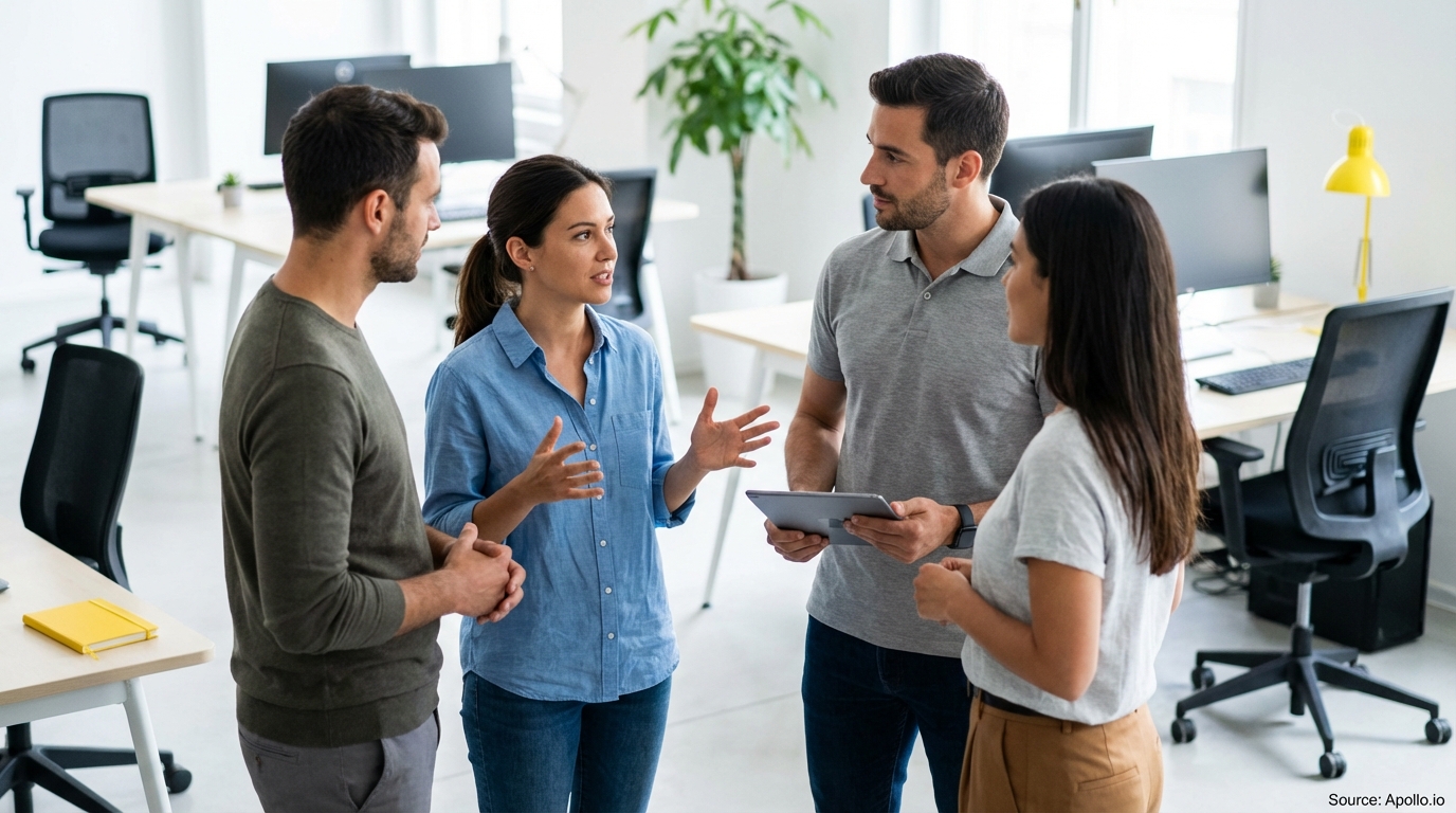Four co-workers discuss ideas while standing in a contemporary office setting.