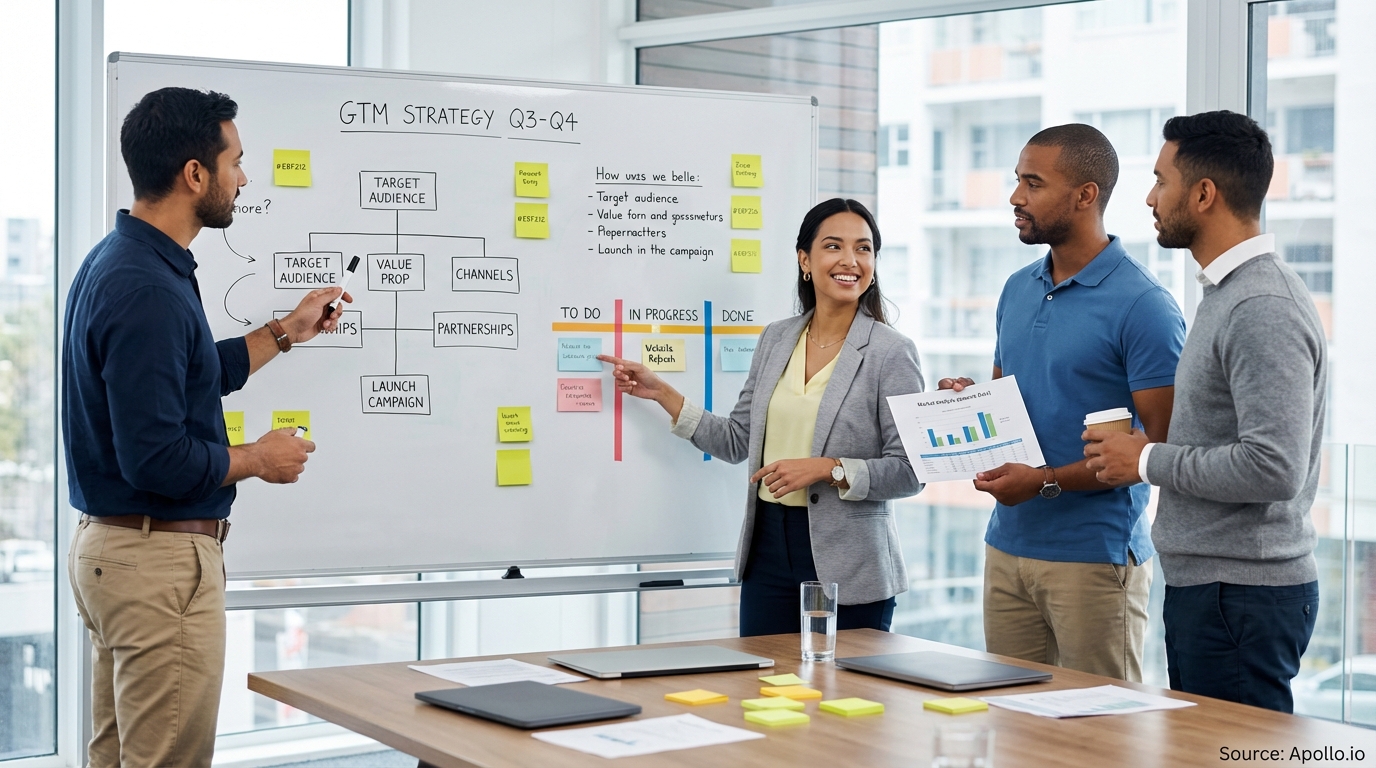 Team having a focused discussion around a meeting table developing growth strategies