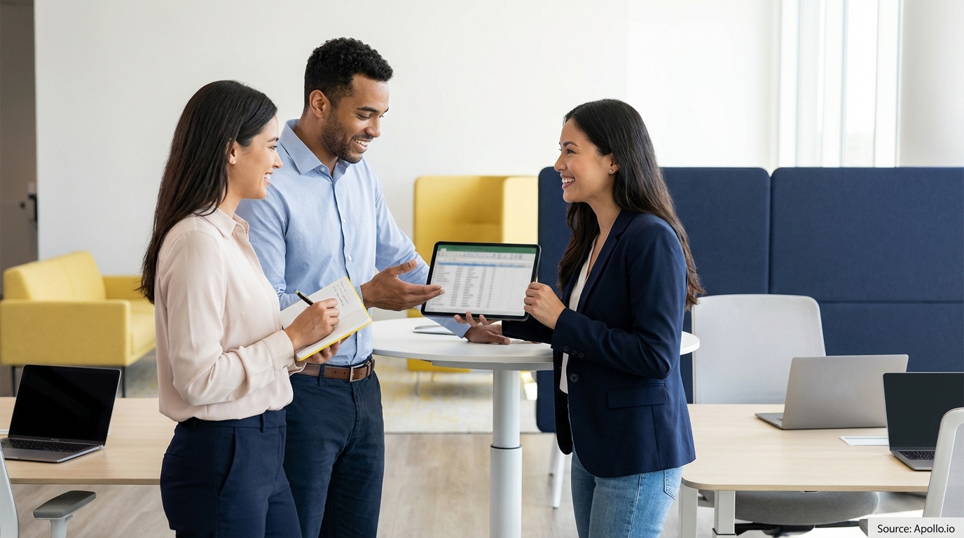 Three colleagues discuss a spreadsheet on a tablet, one taking notes, in a contemporary office setting.