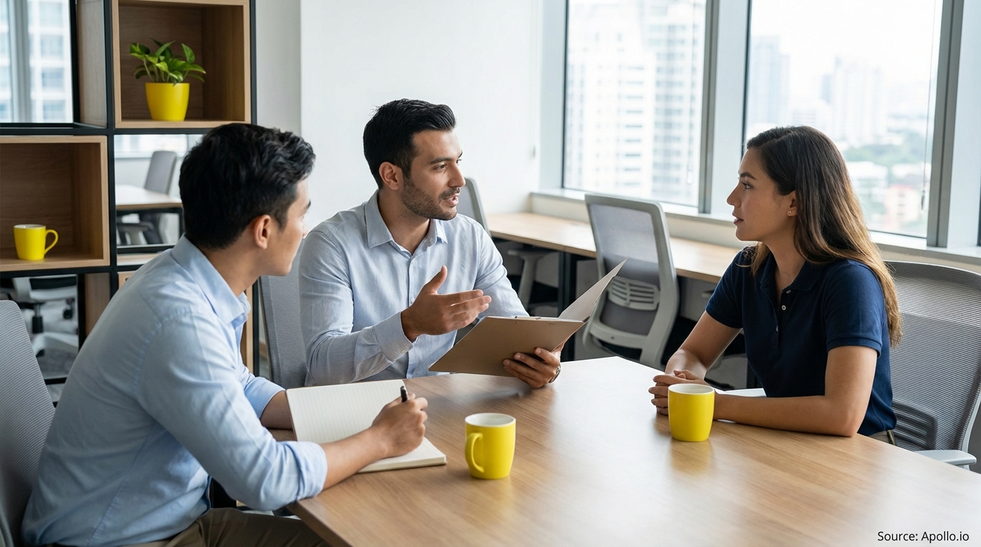 Three professionals discuss around a table in a modern office, one man gesturing with a folder.