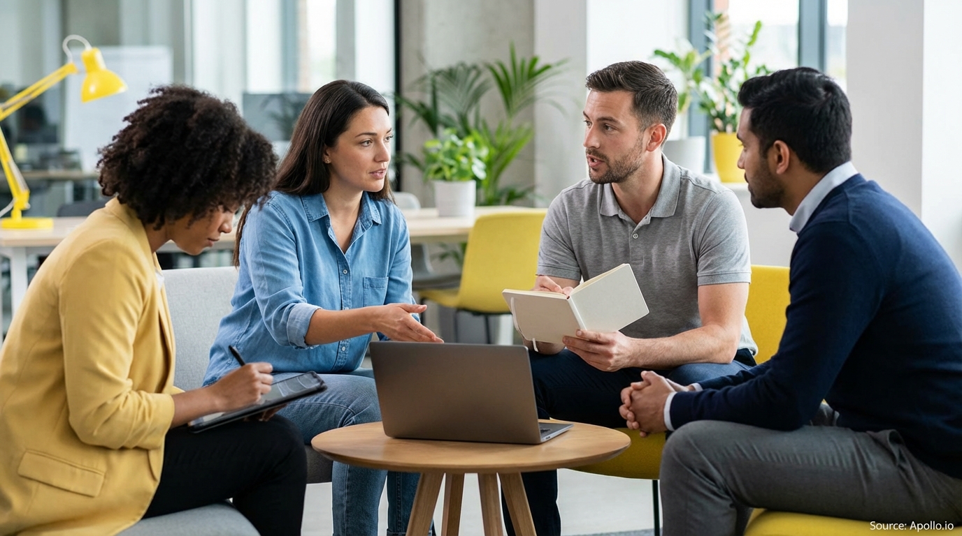 Four people discussing in a modern office, one taking notes on a tablet.