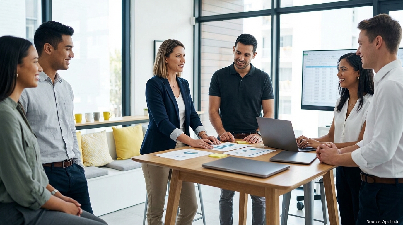 Sales team collaborating in a modern open-plan office in a sales team meeting