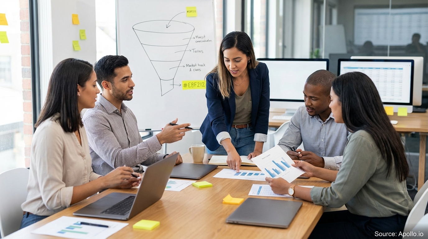Sales professionals discussing strategy around a conference table in a sales team meeting