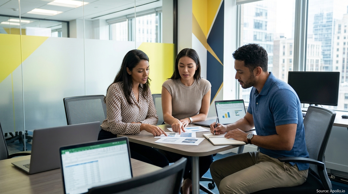 Three professionals review data and documents together at a table in a modern, sunlit office.