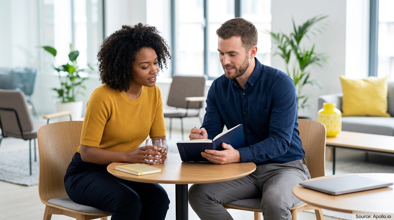 Two professionals review notes in a notebook while sitting at a small table in a bright, modern office.
