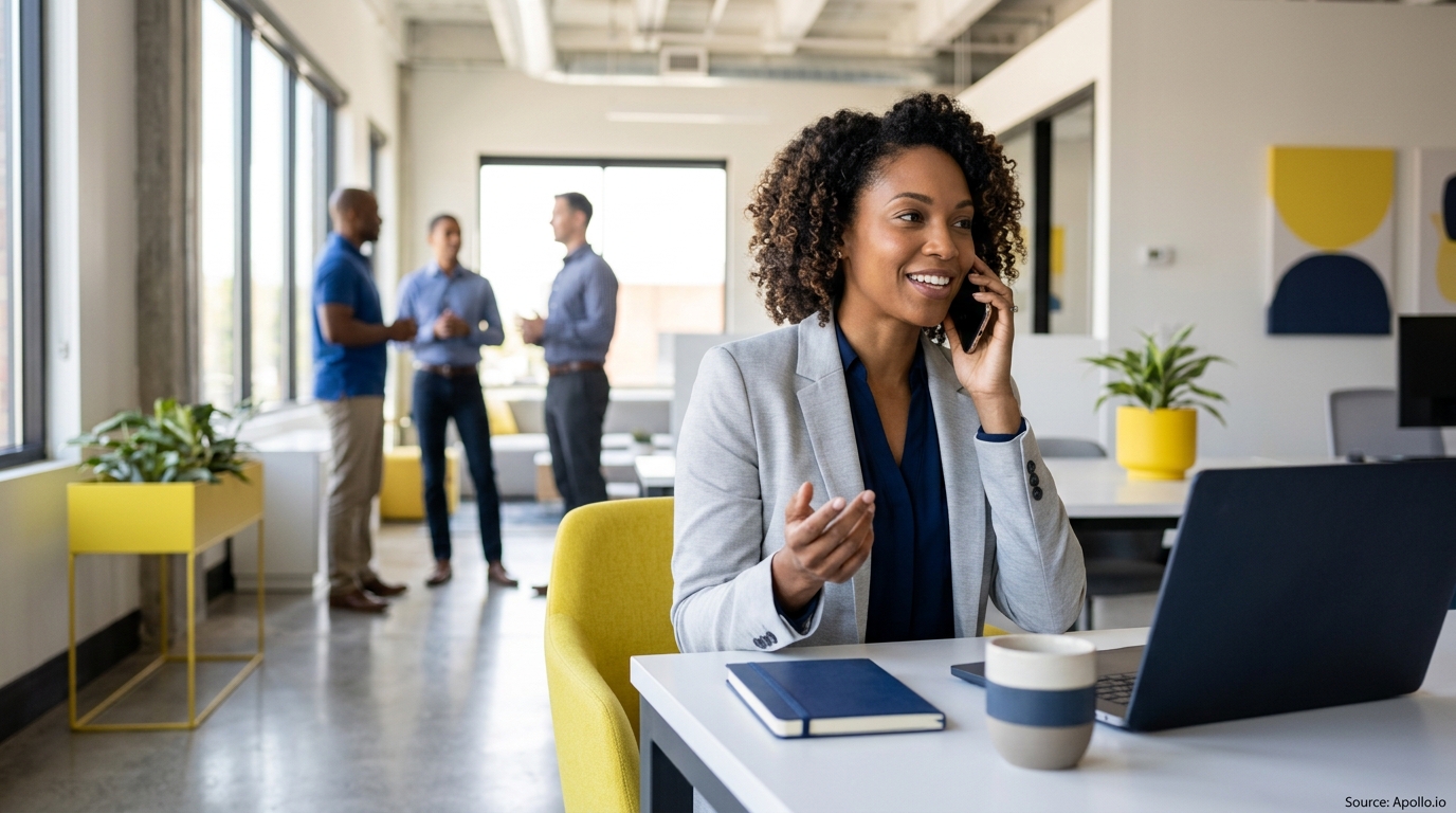 A businesswoman talks on the phone at her desk while three colleagues chat in a modern office.