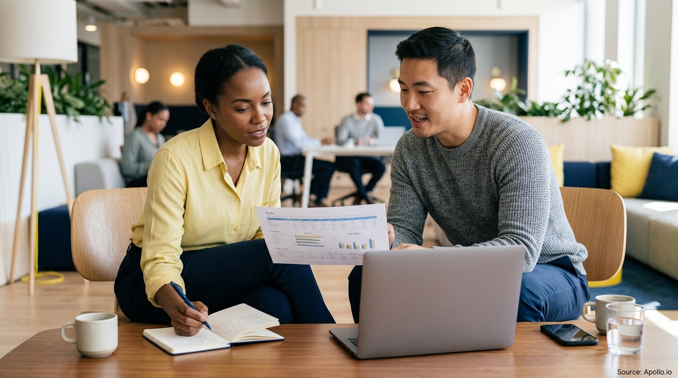 Two colleagues review a printed report and take notes beside a laptop in a modern open office.