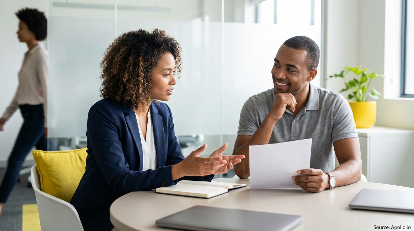 Two professionals discuss at a modern office table, with a third person walking past.