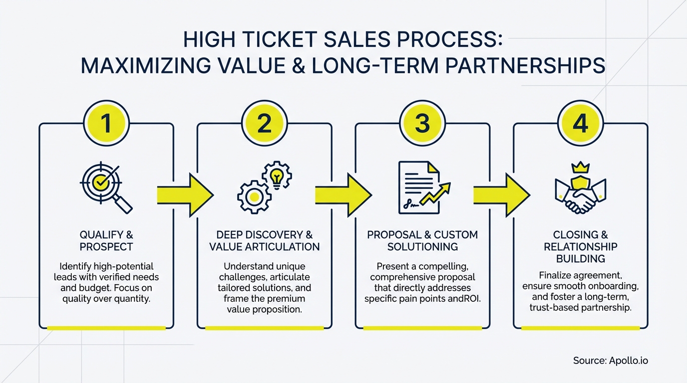 Four-step diagram illustrating the high ticket sales process from qualification to relationship building.