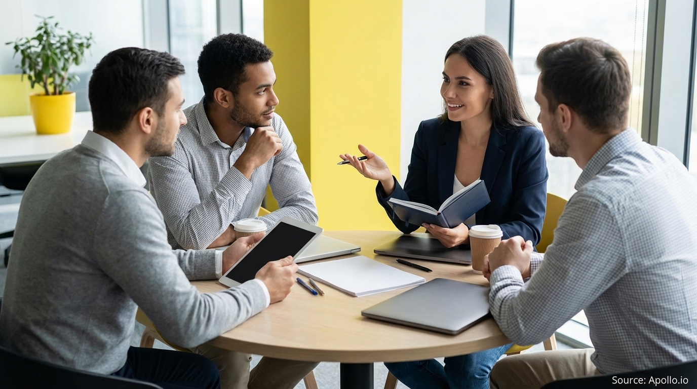 Four professionals meeting at a modern office table with laptops and coffee.