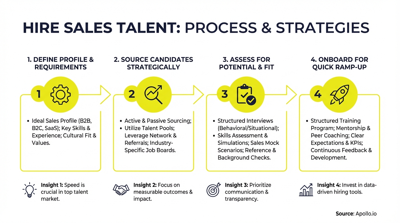 An infographic outlines a four-step process and four insights for hiring sales talent.