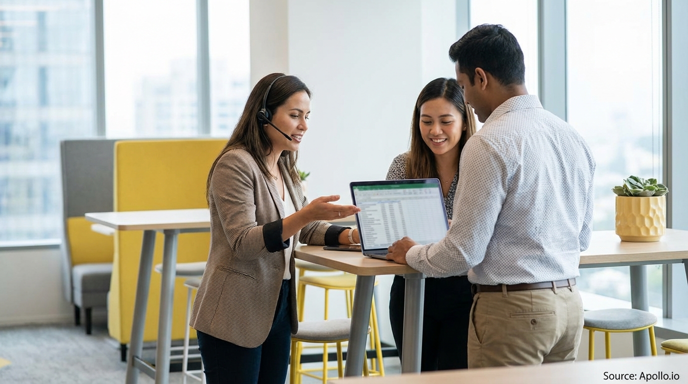 Three diverse professionals collaborate at a high table in a modern office, one wearing a headset and pointing at a laptop.