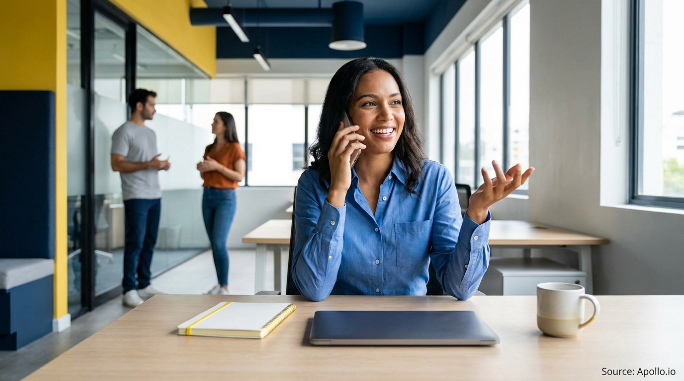 Smiling woman talks on a phone and gestures at a modern office desk, two colleagues blurred behind her.