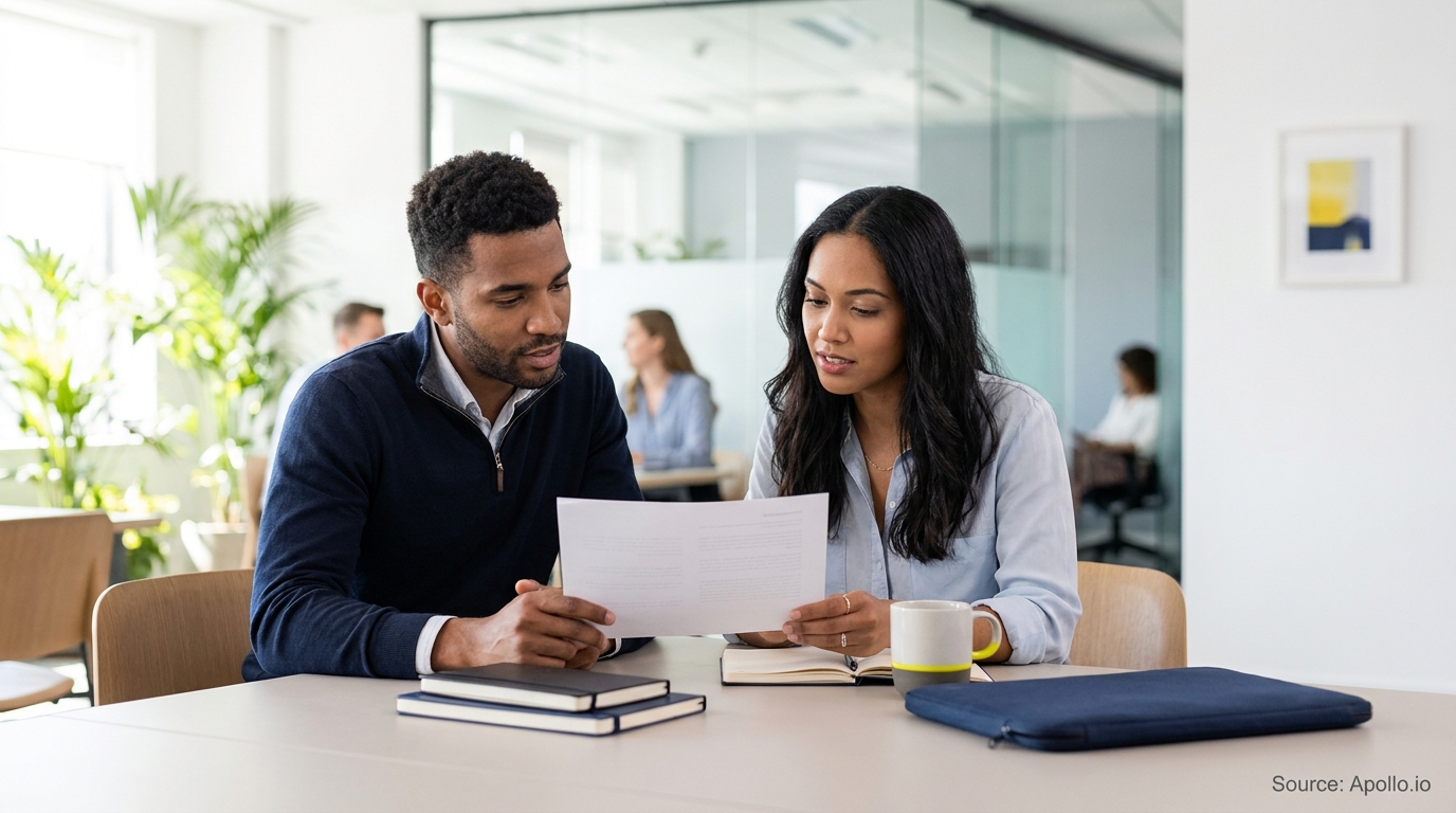 Two business professionals review a document in a bright office.