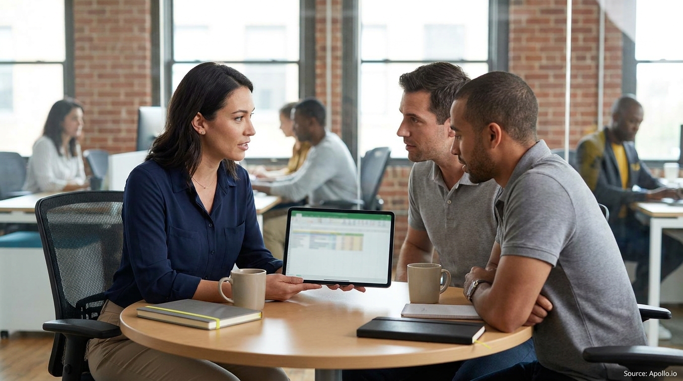 A woman presents data on a tablet to two men in a busy, modern office.