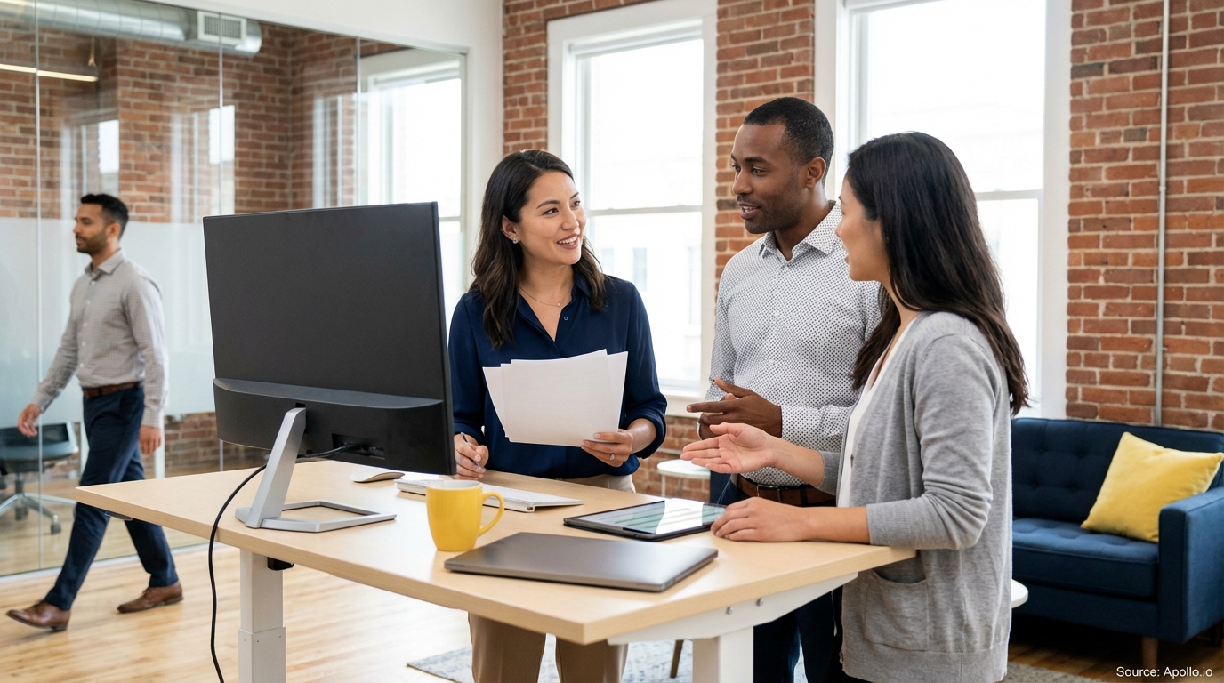 Three colleagues discuss at a modern office standing desk with a monitor and papers.
