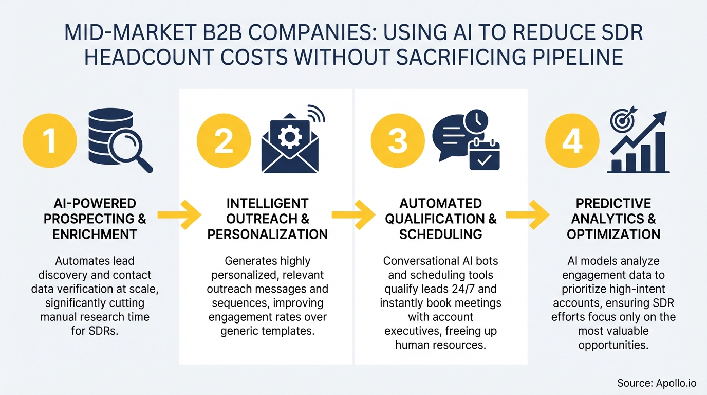 Four-step diagram illustrating AI-powered prospecting, outreach, qualification, and analytics for sales optimization.