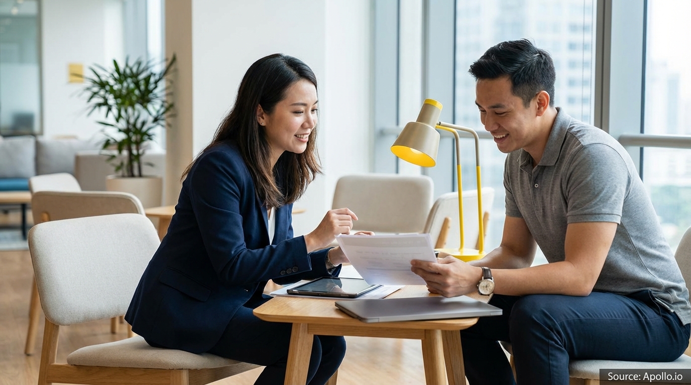 Two smiling professionals discuss documents at a modern office table with a laptop and tablet.