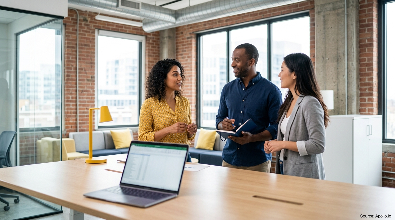 Three professionals discuss data on a laptop spreadsheet while collaborating in a bright, modern office.