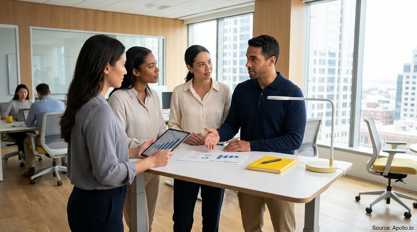 Four professionals discuss data on a tablet and paper at a modern office standing desk.