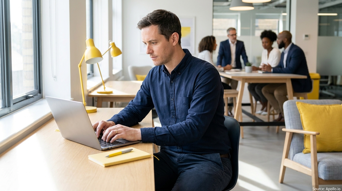 Man typing on a laptop at a desk in a bright office, with colleagues meeting in background.