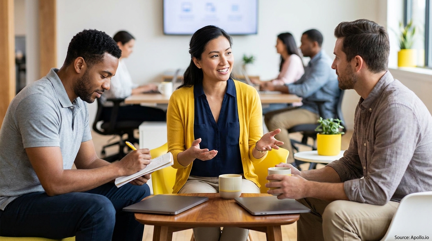 Three diverse professionals collaborate and take notes in a modern office.