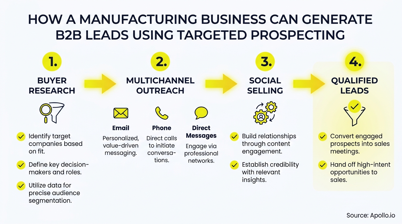 A four-step process diagram illustrates B2B lead generation through buyer research, multichannel outreach, social selling, and qualified leads.