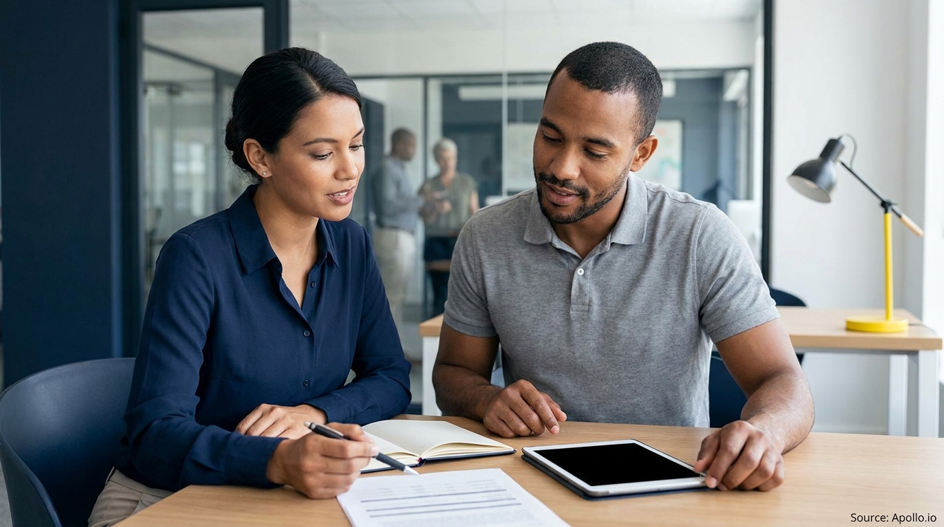 Two colleagues discuss documents and a tablet at a modern office table.