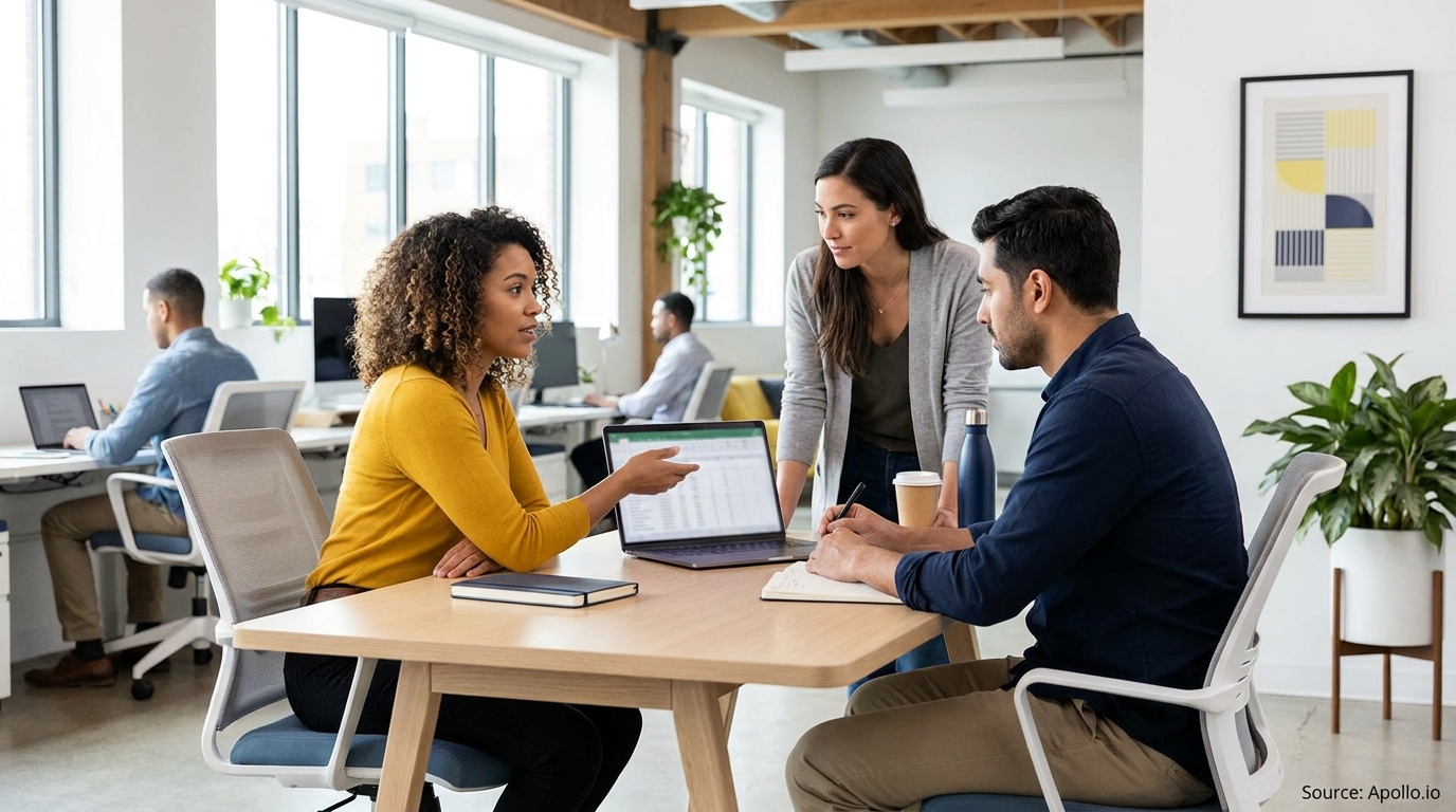 Three colleagues collaborate, reviewing a spreadsheet on a laptop in a bright, modern office.
