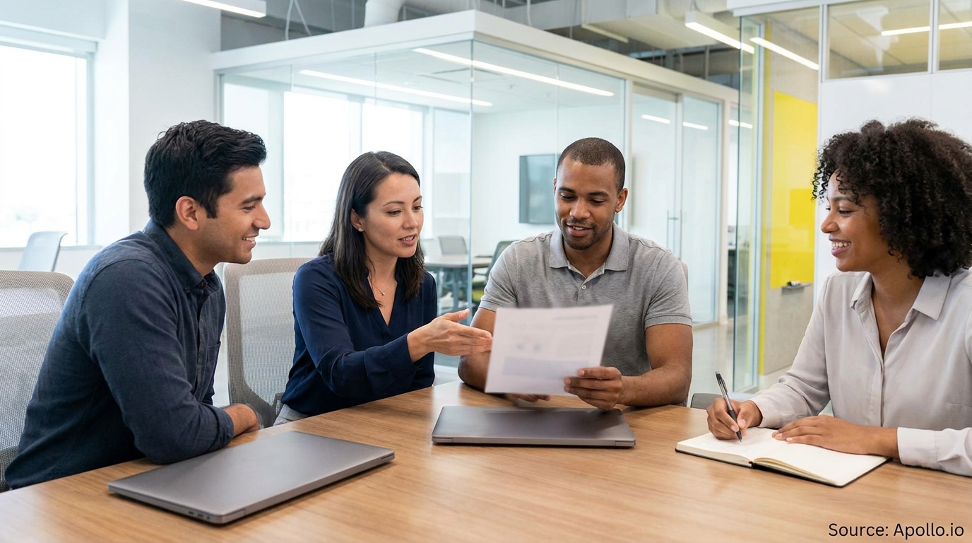 Four professionals discuss documents and take notes at a modern office table.