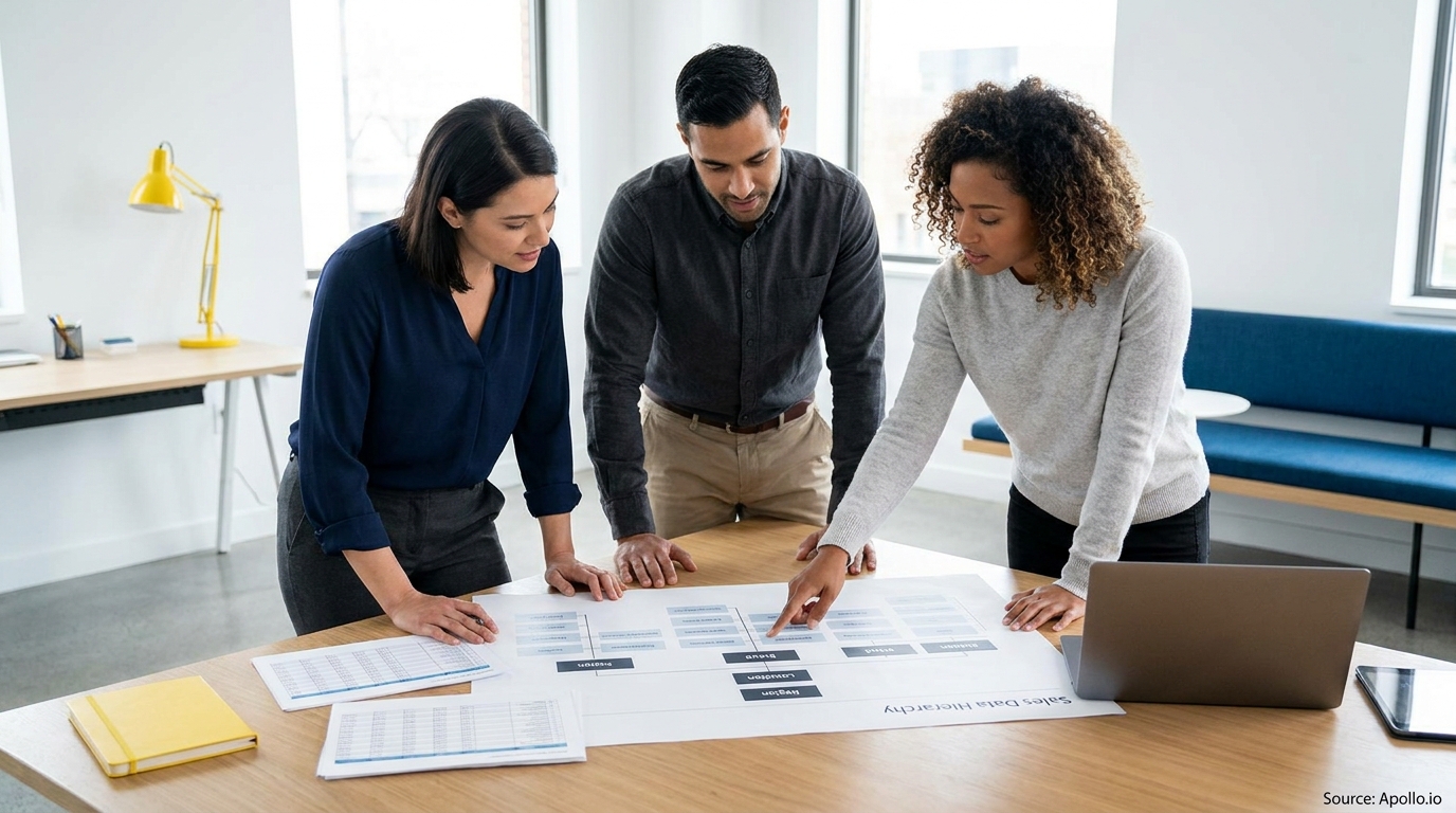Three colleagues review a sales data hierarchy chart on a table in a bright office.