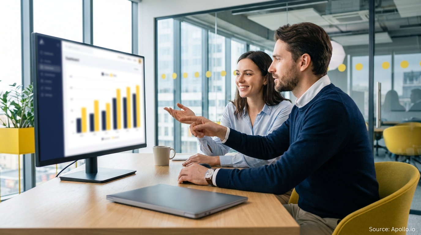 Two smiling colleagues point at a bar chart on a monitor in a modern office.