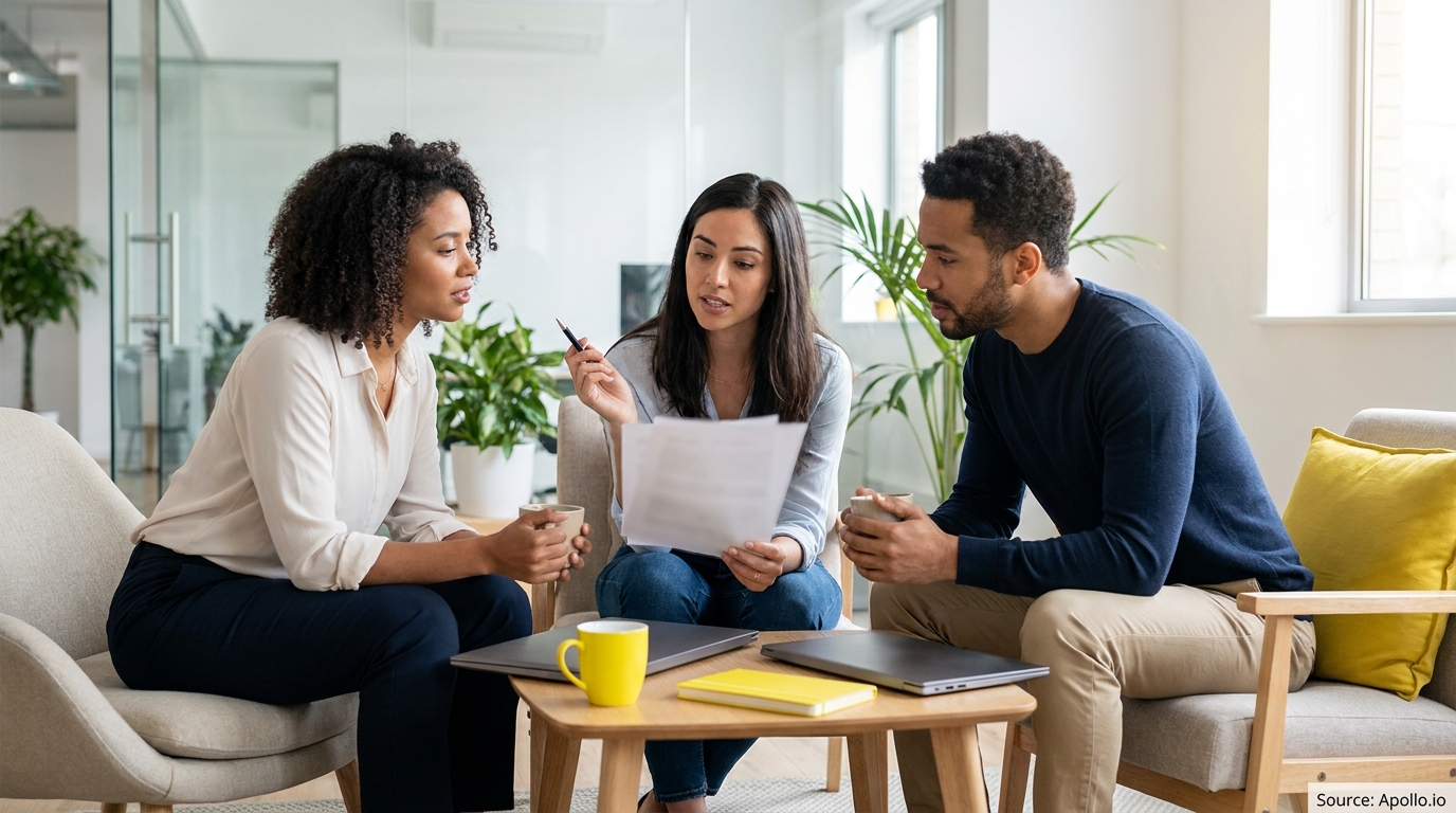 Three people discuss documents and drink coffee in a modern office lounge.