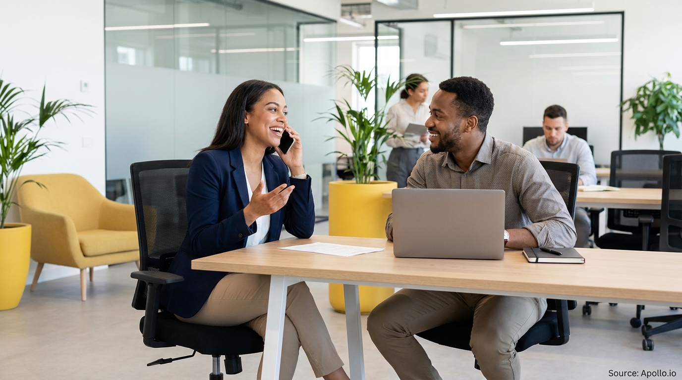 Five professionals in a modern office; a woman on phone smiles, a man next to her smiles.