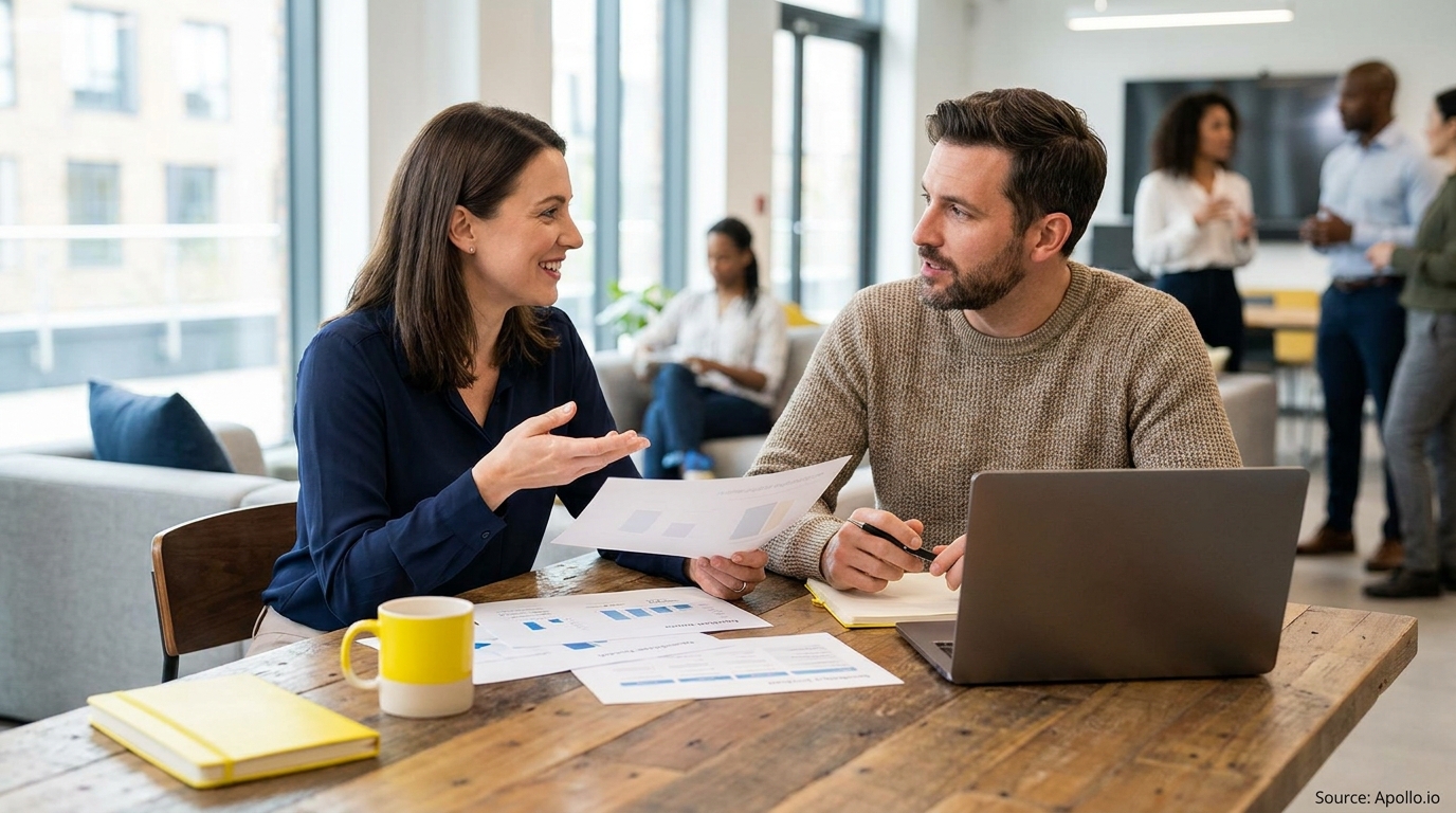 Two professionals collaborate over documents and a laptop in a busy, modern office.