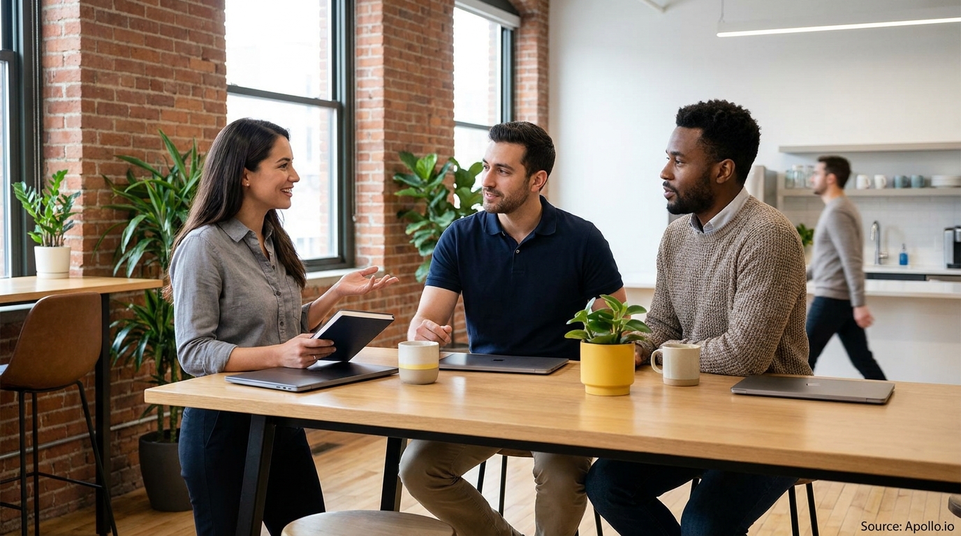 Three colleagues collaborate at a modern office table with laptops.