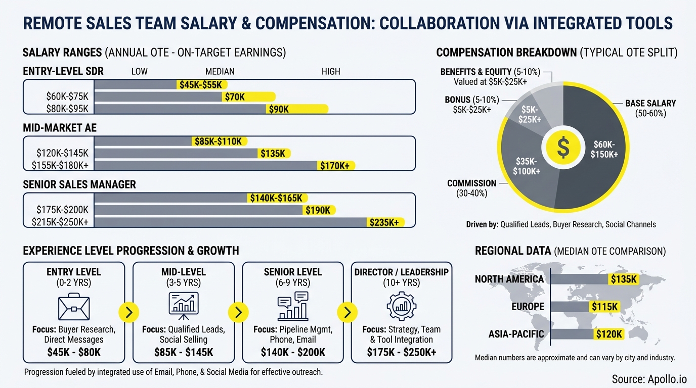 Infographic detailing remote sales team salaries, compensation breakdown, career progression, and regional earnings data.