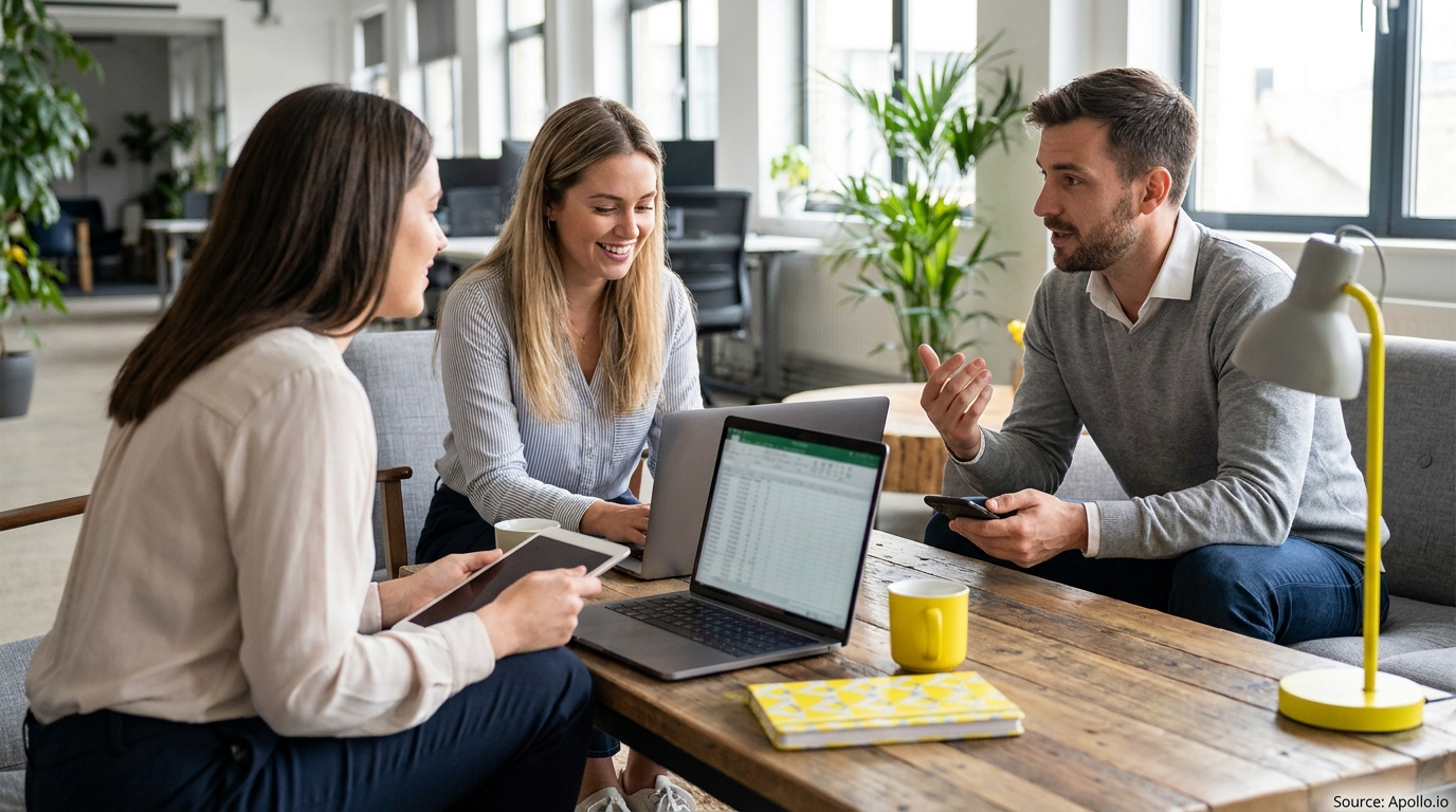 Three colleagues collaborate in a modern office, using laptops and a tablet on a wooden table.