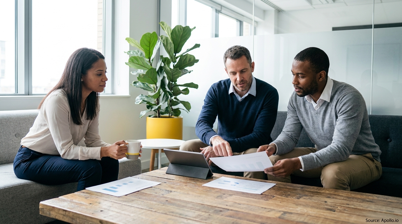Three business professionals review documents and a tablet at a modern office table.