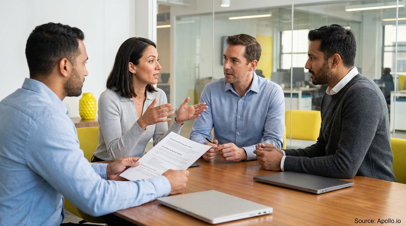 Four professionals discuss a document at a modern office table.