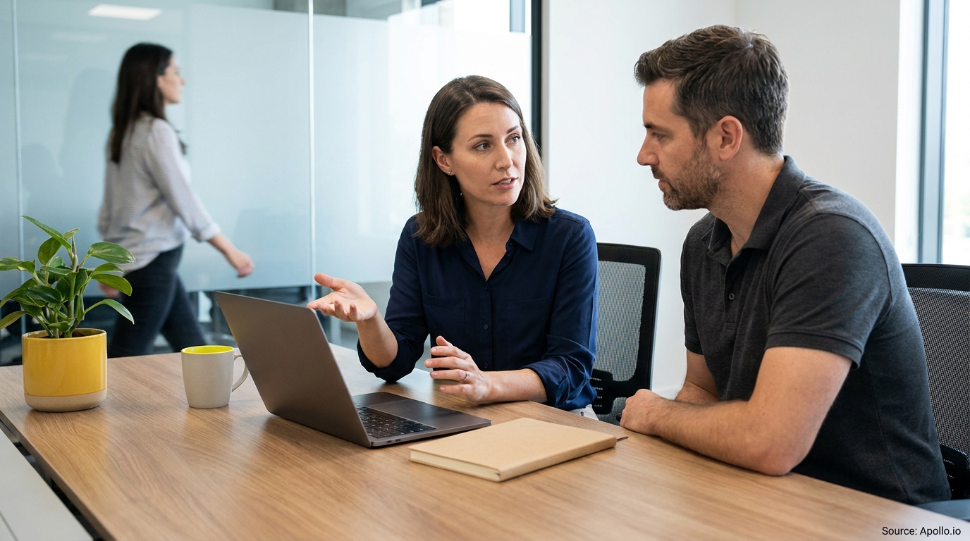 Two colleagues discuss at a modern office table with a laptop, as another person walks in the background.