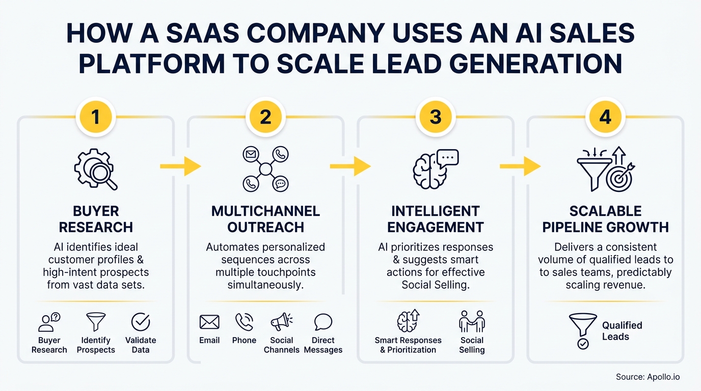 An infographic outlines a four-step AI sales platform process for lead generation and pipeline growth.